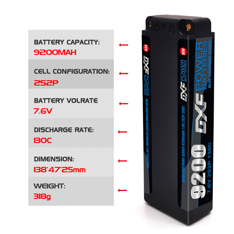 (ES) DXF 2S 7.6V Lipo Battery 130C 9200mAh with 5mm Bullet for RC 1/8 Vehicles Car Truck Tank Truggy Competition Racing Hobby