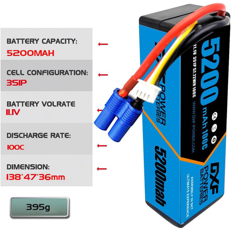 (FR)DXF Lipo Battery 3S 11.1V 5200MAH 100C Blue Series Graphene lipo Hardcase with EC5 Plug for Rc 1/8 1/10 Buggy Truck Car Off-Road Drone