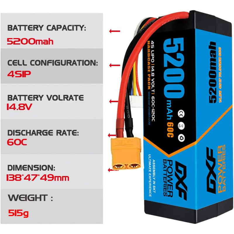 (CA)DXF Lipo Battery 4S 14.8V 5200MAH 60C  lipo Hardcase with  XT90 Plug for Rc 1/8 1/10 Buggy Truck Car Off-Road Drone