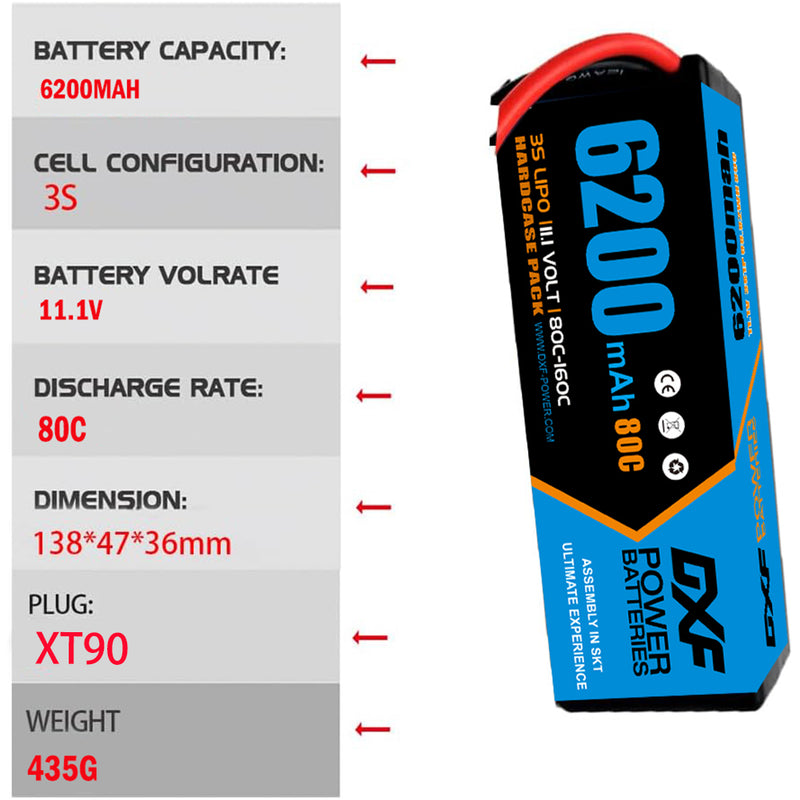 (ES)DXF Lipo Battery 3S 11.1V 6200MAH 80C  lipo Hardcase XT90 Plug for Rc 1/8 1/10 Buggy Truck Car Off-Road Drone