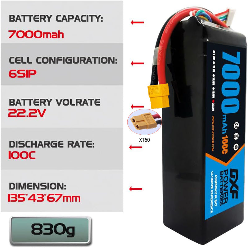 (PL)DXF 6S Lipo Battery 22.2V 100C 7000mAh Soft Case Battery with xt60 Connector for Car Truck Tank RC Buggy Truggy Racing Hobby