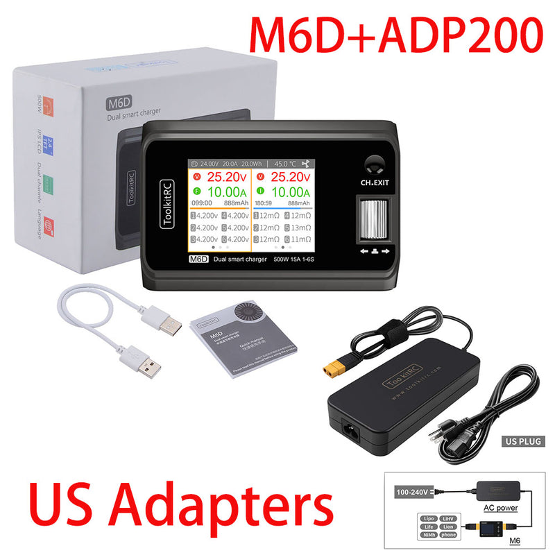 ToolkitRC M6D 500W 15A DC Dual Channel MINI Smart Charger ADP100, 100W, 20V,ToolkitRC ADP200 200W Output 19.5V 10.3A AB Clip