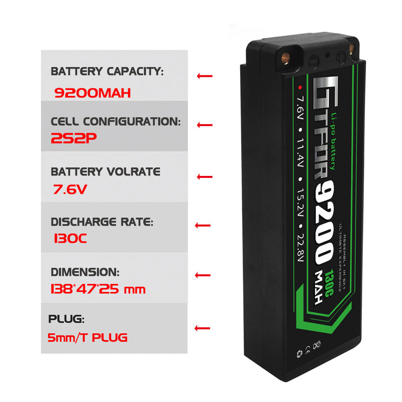 (ES) GTFDR 2S 7.6V Lipo Battery 130C 9200mAh with 5mm Bullet for RC 1/8 Vehicles Car Truck Tank Truggy Competition Racing Hobby