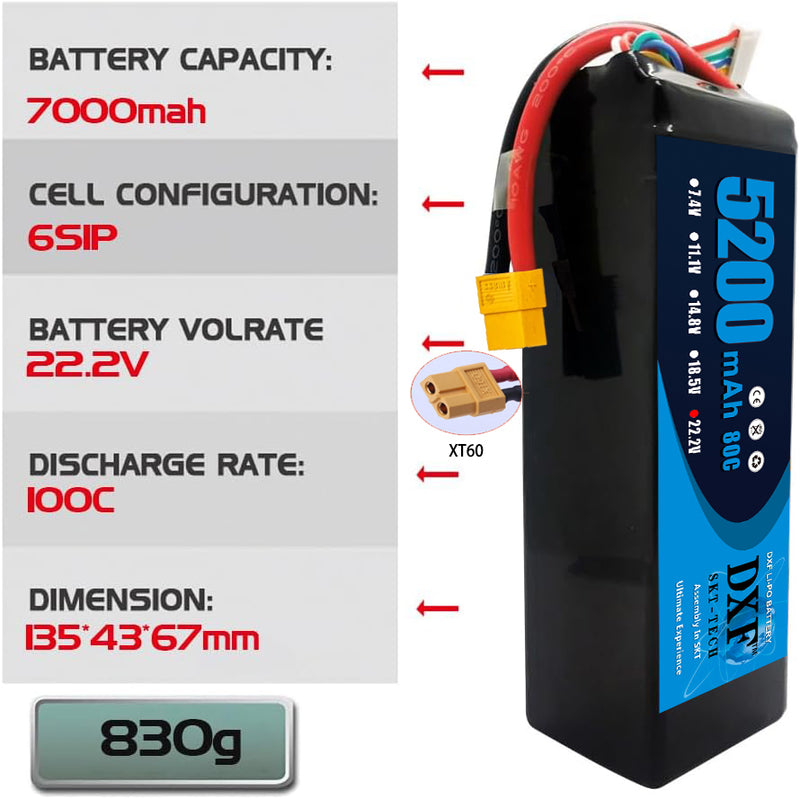 (FR)DXF 6S Lipo Battery 22.2V 80C 5200mAh Soft Case Battery with XT60 Connector for Car Truck Tank RC Buggy Truggy Racing Hobby