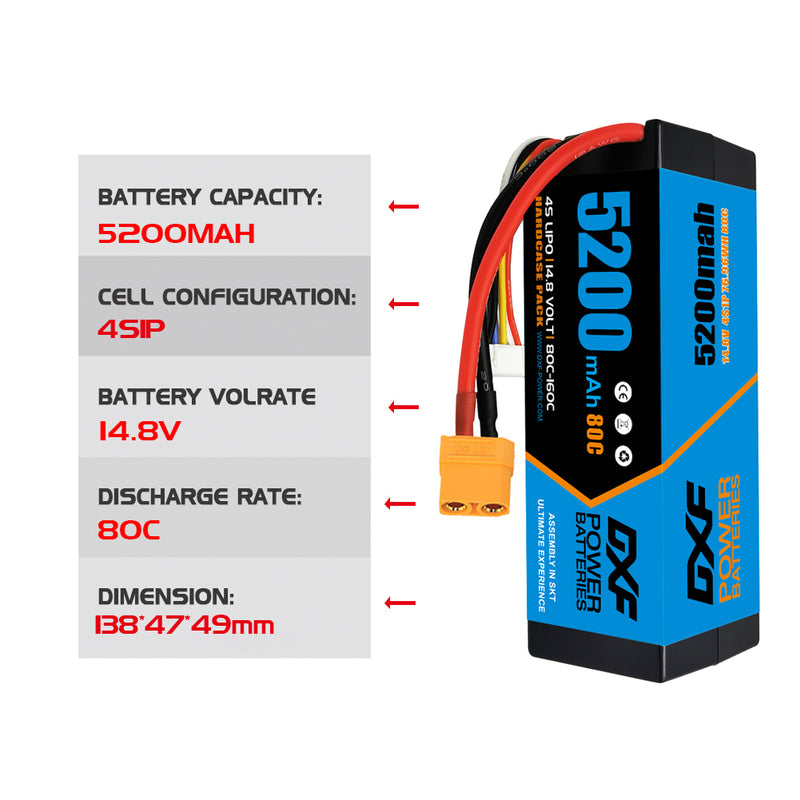 (EU)DXF Lipo Battery 4S 14.8V 5200MAH 80C  lipo Hardcase with  XT90 Plug for Rc 1/8 1/10 Buggy Truck Car Off-Road Drone