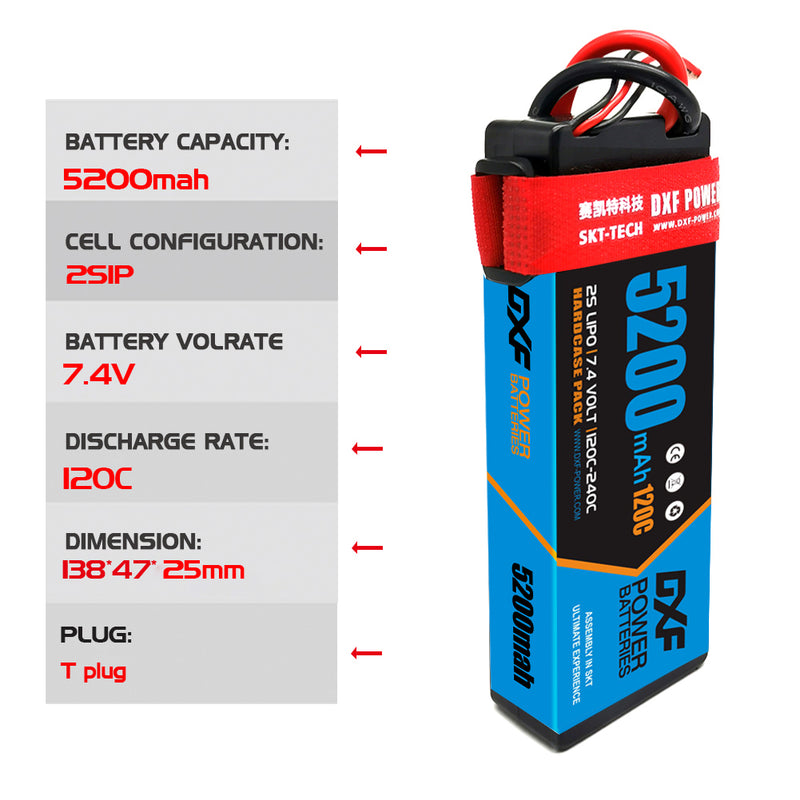 (CA)DXF Lipo Battery 2S 7.4V 5200MAH 120C  lipo Hardcase with  DEANS/T Plug for Rc 1/8 1/10 Buggy Truck Car Off-Road Drone