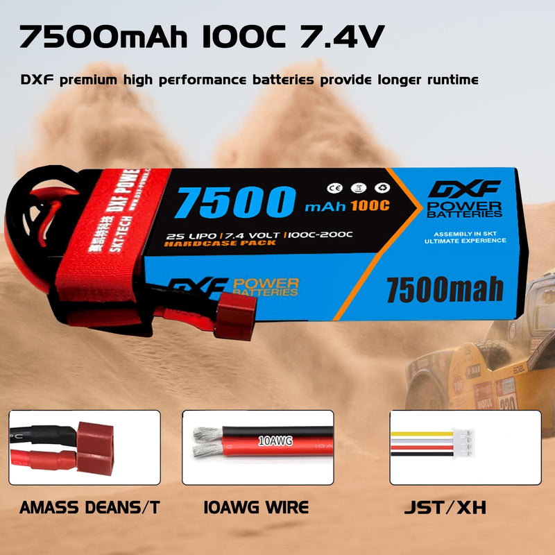 (CA)DXF Lipo Battery 2S 7.4V 7500MAH 100C  lipo Hardcase with  DEANS/T Plug for Rc 1/8 1/10 Buggy Truck Car Off-Road Drone