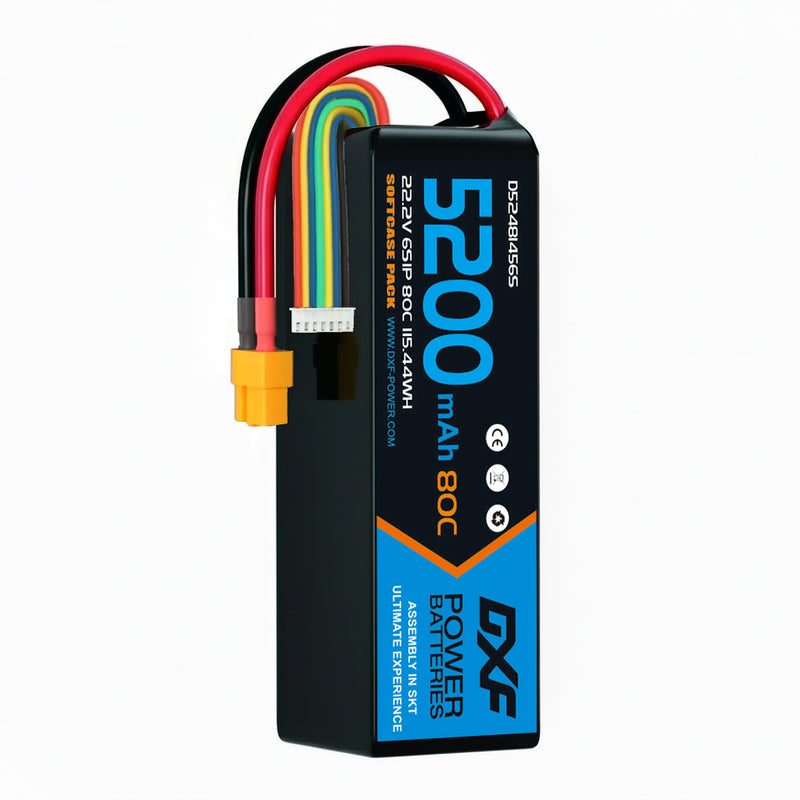 DXF 6S Lipo Battery 22.2V 80C 5200mAh Soft Case with XT90 Connector - 1 to 6 Pack Options for RC Car Truck Buggy Truggy Racing