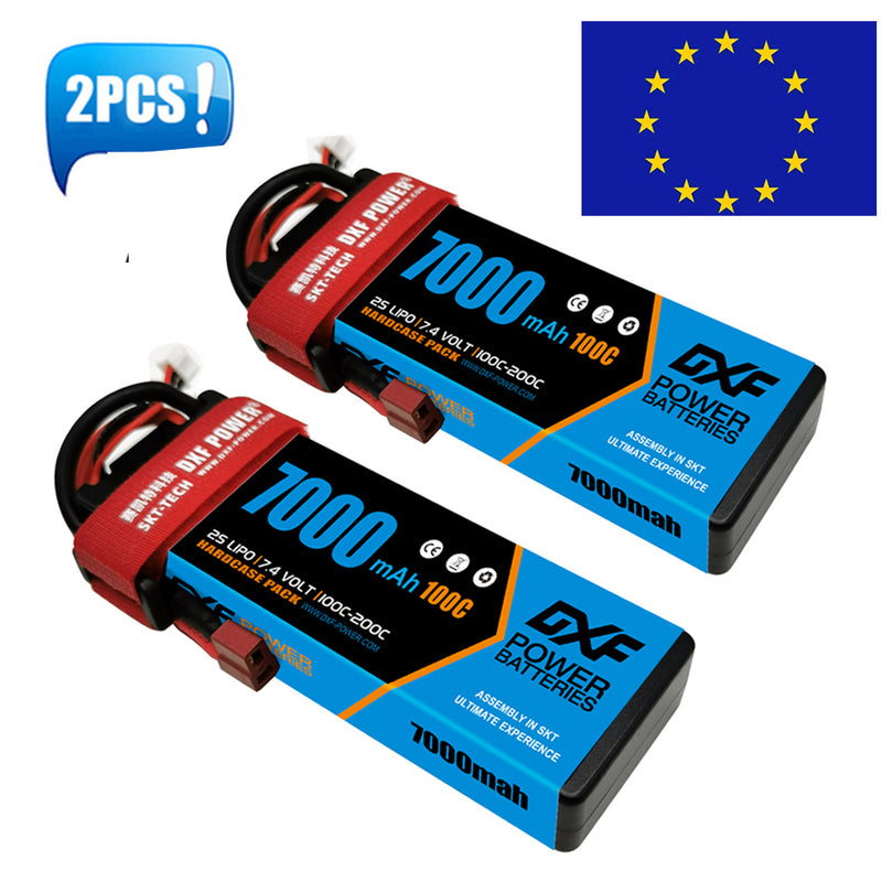 (EU)DXF Lipo Battery 2S 7.4V 7000mAh 100C/200C Hardcase Battery Graphene Battery Deans/T Plug for Rc Truck Drone 1/10 1/8 Scale Traxxas Slash 4x4 RC Car Buggy truggy