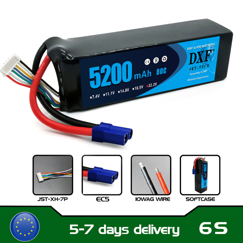 (EU)DXF 6S Lipo Battery 22.2V 80C 5200mAh Soft Case Battery with EC5 XT90 Connector for Car Truck Tank RC Buggy Truggy Racing Hobby