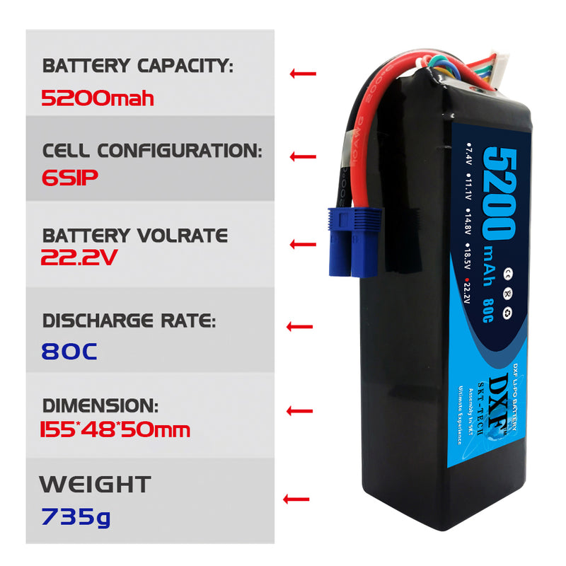 (FR)DXF 6S Lipo Battery 22.2V 80C 5200mAh Soft Case Battery with EC5 XT90 Connector for Car Truck Tank RC Buggy Truggy Racing Hobby