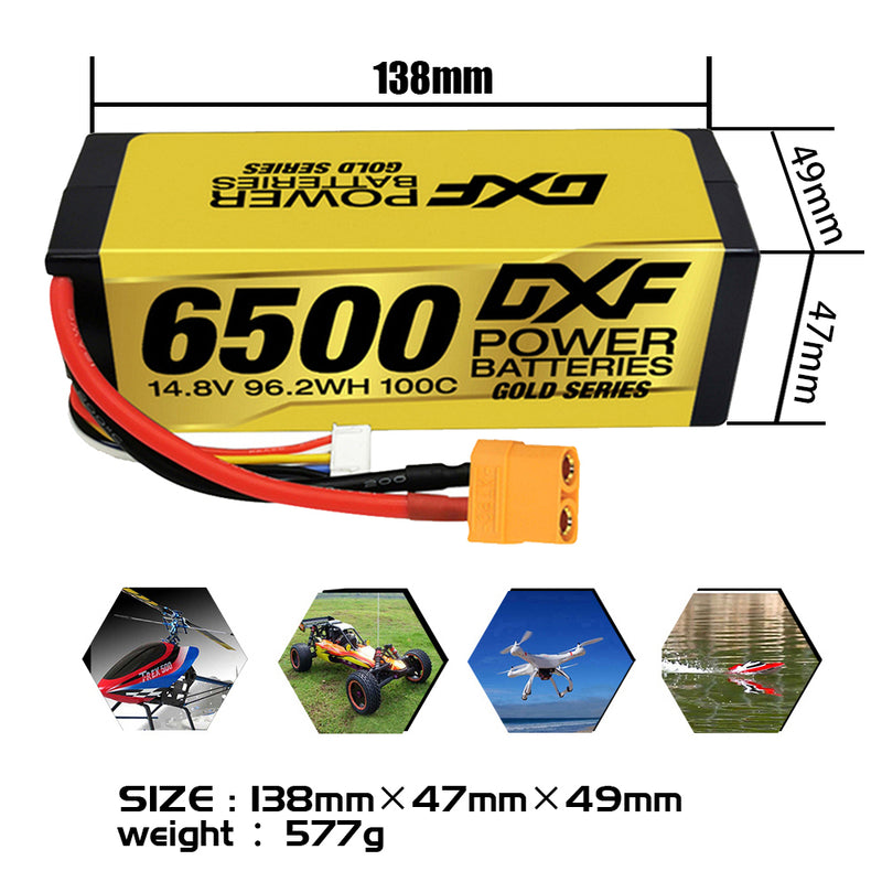 (EU)DXF Lipo Battery 4S 14.8V 6500MAH 100C GoldSeries Graphene lipo Hardcase with EC5 and XT90 Plug for Rc 1/8 1/10 Buggy Truck Car Off-Road Drone