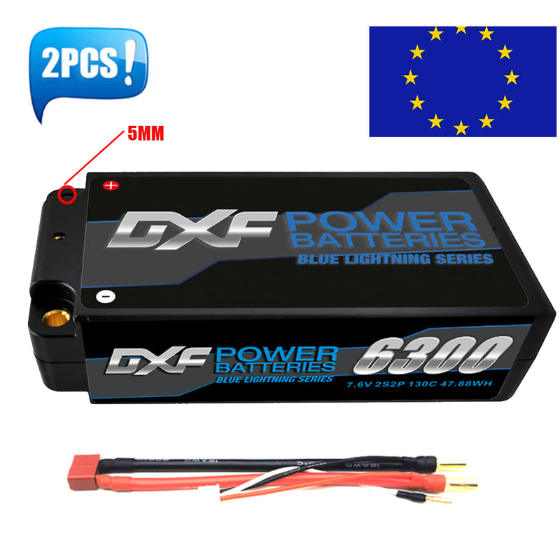 (ES)DXF Lipo Battery 2S 7.6V 6300mAh 130C/260C Shorty 5MM Hardcase Battery Graphene Battery for Rc Truck Drone 1/10 1/8 Scale Traxxas Slash 4x4 RC Car Buggy truggy